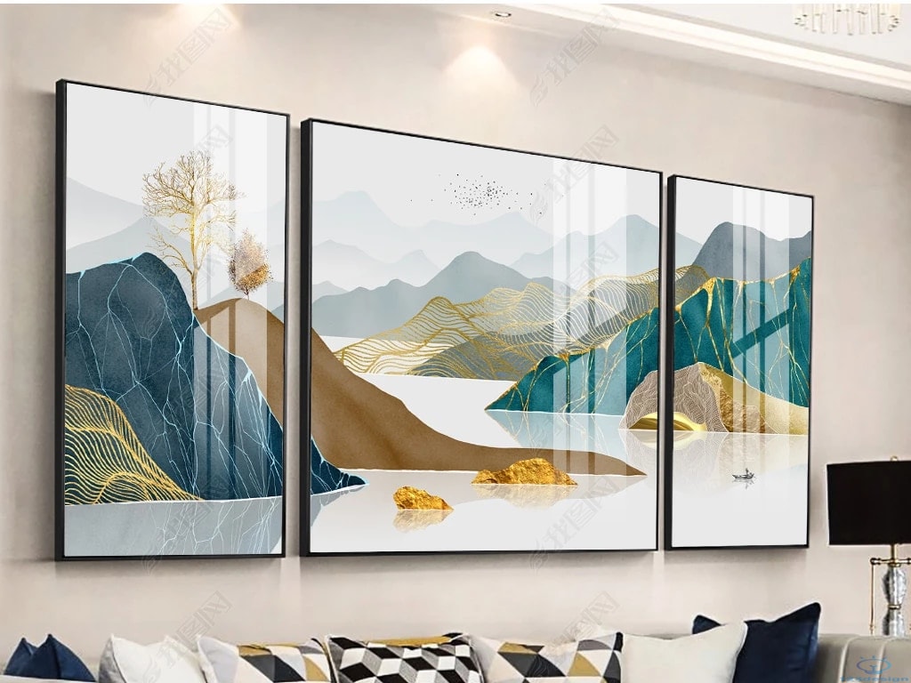 Tranh sứ pha lê Bộ 3 tranh trang trí phòng khách cao cấp núi non hùng vĩ