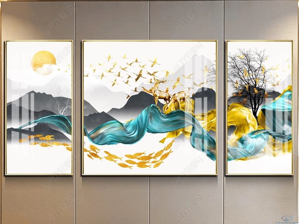 Tranh sứ pha lê Phong cảnh nghệ thuật Bộ 3 cây tài lộc cá vàng may mắn