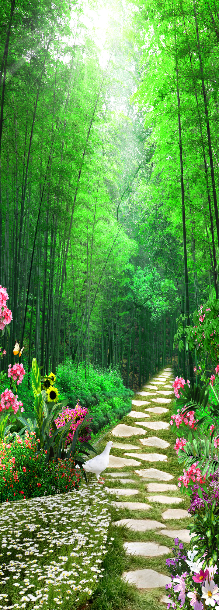 Tranh phong cảnh nghệ thuật rừng tre xanh và hoa cỏ 13076 