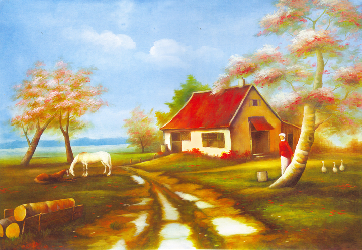 Bức tranh về ngôi nhà, cây phượng đỏ rực, người phụ nữ và con ngựa trắng thật đẹp và thú vị. Hãy thưởng thức hình ảnh liên quan đến từ khóa này để cảm nhận được sự đan xen hài hòa của thiên nhiên và con người.