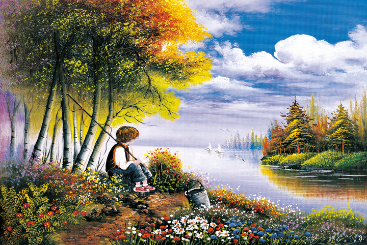 Tranh sơn dầu phong cảnh nghệ thuật cậu bé ngồi câu cá bên dòng sông 9331 -  
