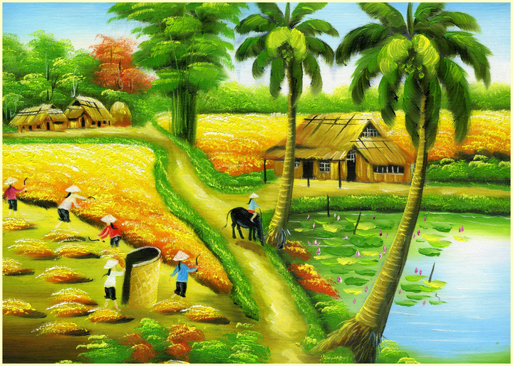 Tranh đồng quê vẽ cảnh mùa gặt lúa Đề tài nông thôn mùa gặt mùa cấy  phong cảnh làng quê luôn là những đề tài lấy đi nhiều tâm huy  Đồng