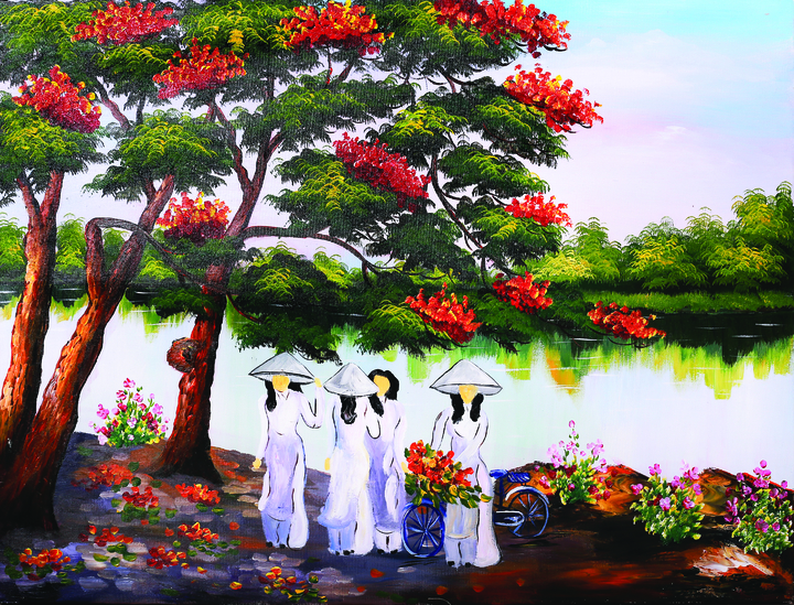 Thưởng thức bức tranh phong cảnh Việt Nam, bạn sẽ được chiêm ngưỡng cảnh hoa phượng đỏ đầy tráng lệ. Hình ảnh thiếu nữ mặc áo dài cùng cảnh quan đẹp như mơ làm say đắm lòng người. Hãy đến với tranh phong cảnh Việt Nam để trải nghiệm những khoảnh khắc tuyệt vời nhất.