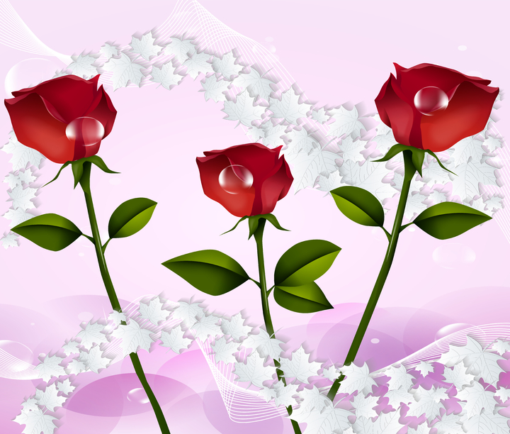 Trang trang trí dán tường nền hồng dải lấp lánh quấn quanh 3 bông hồng đỏ  rực rỡ 20459 