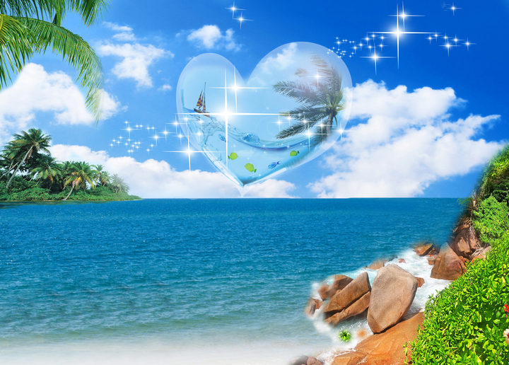 Tranh treo tường phong cảnh thiên nhiên bãi biển thơ mộng hình trái tim  trên trời xanh 20537 