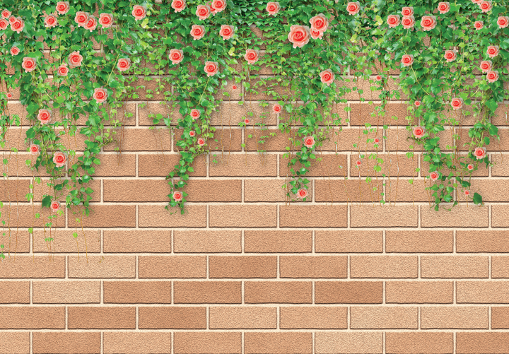 Tranh background dây leo hoa hồng và tường gạch 21127 