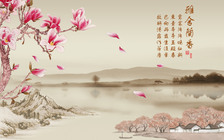 Tranh phong cảnh ghép hình thiên nhiên sông núi và cành hoa màu hồng 25294  